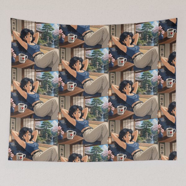 Item preview, Cute anime manga girl reclining with a cup of coffee designed and sold by Vintage Designs +.