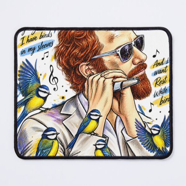 Item preview, Whimsical Harmonica Player with Colorful Birds – glen hansard Artistic Sketch Illustration designed and sold by OSAMA MO.