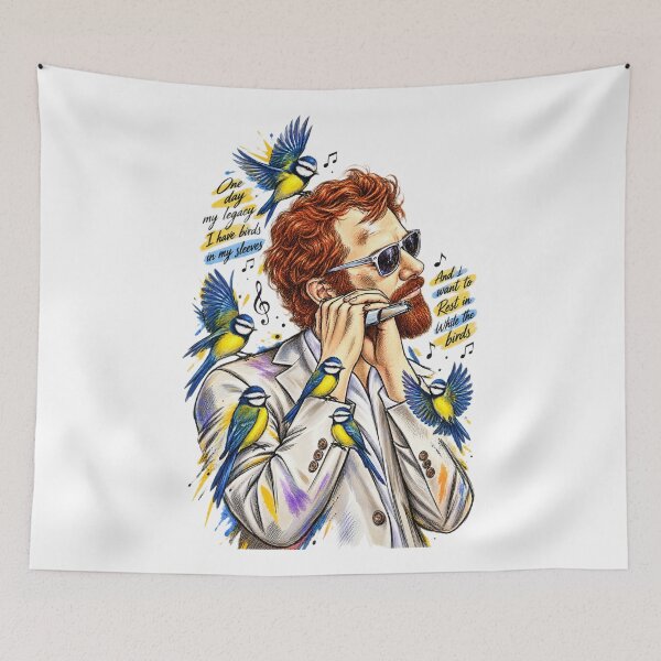 Item preview, Whimsical Harmonica Player with Colorful Birds – glen hansard   Artistic Sketch Illustration  designed and sold by OSAMA MO.