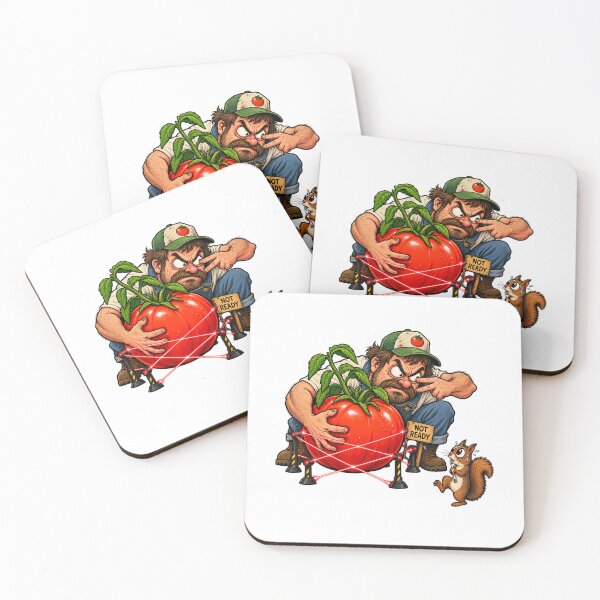 Item preview, Funny Gardener Protecting Tomato From Squirrel Cartoon designed and sold by Concrete Coffee Studio.