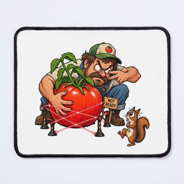 Item preview, Funny Gardener Protecting Tomato From Squirrel Cartoon designed and sold by Concrete Coffee Studio.
