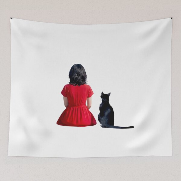 Item preview, Meow & the Marine Blue Wall Art - Girl in Red Dress and Black Tuxedo Cat in Ocean designed and sold by imsoyoon.