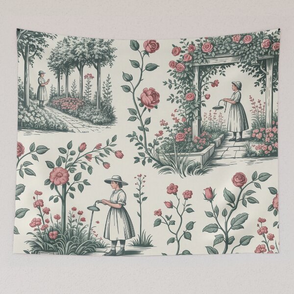 Item preview, English Cottage Garden Toile Pattern – Sage Green Toile de Jouy Cottagecore Floral Design designed and sold by Tamas Das.