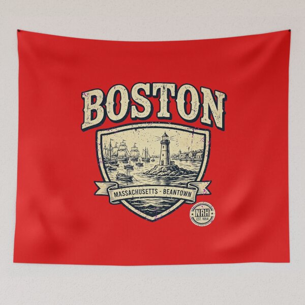 Aperçu de l'œuvre Boston Massachusetts Beantown Lighthouse Vintage Shield créée et vendue par Normandy Road Heritage™ - Vintage Garage Art.