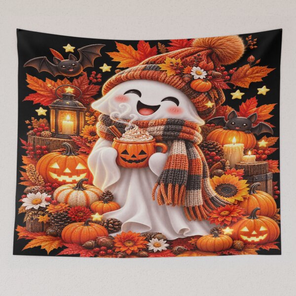 Item preview, Cozy Autumn Ghost Pumpkin Mug designed and sold by ASWIN STUDIO.