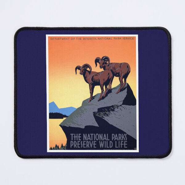 Item preview, US WPA Program Poster | The National Parks Preserve Wildlife W/ Rams and the Sunrise | 1939 designed and sold by Vintage Poster Supply.