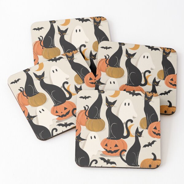 Item preview, Black Cats, Pumpkins & Ghosts Beige Halloween Pattern designed and sold by MonNoir.