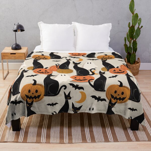 Item preview, Black Cats, Pumpkins & Ghosts Beige Halloween Pattern designed and sold by MonNoir.