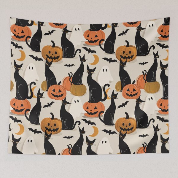 Item preview, Black Cats, Pumpkins & Ghosts Beige Halloween Pattern designed and sold by MonNoir.