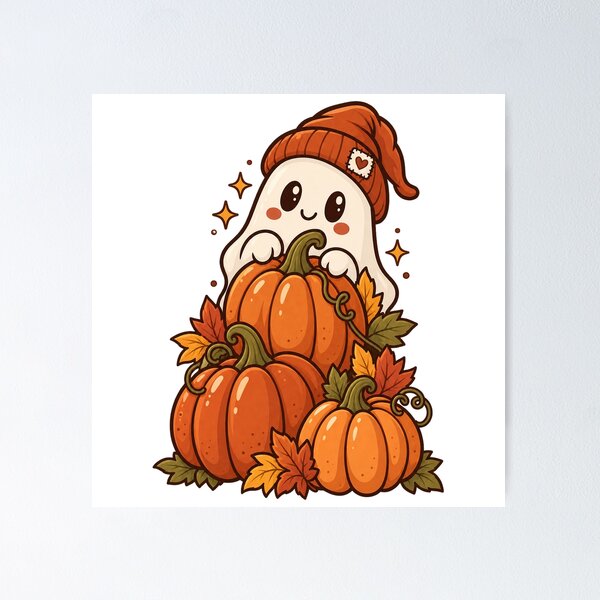 Item preview, Autumn Ghost With Pumpkins Illustration designed and sold by Tin Robot Co..