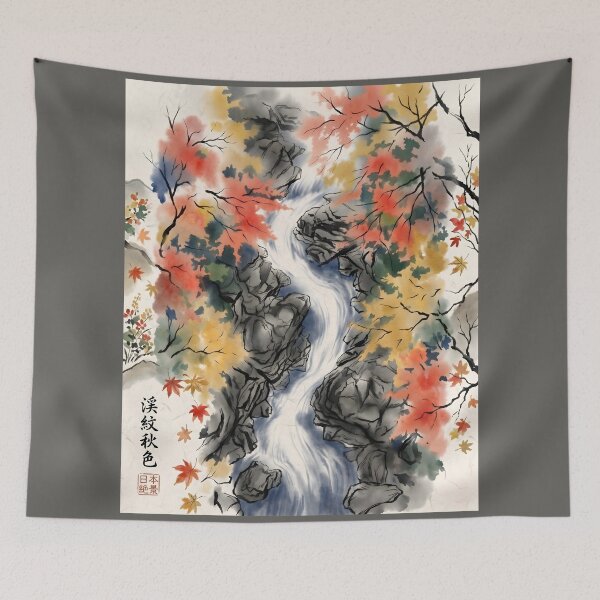 Item preview, Sumi-e Autumn Mountain Stream Art designed and sold by conohitoAI-ArtGallery.