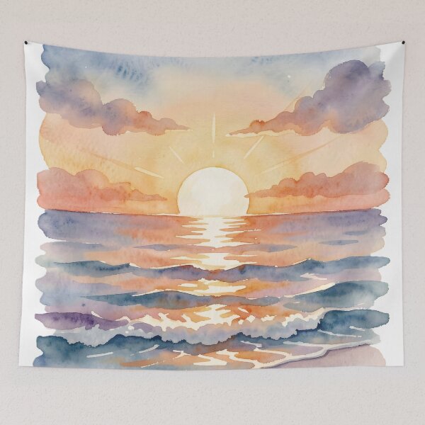Item preview, Watercolor Sunset Rays: Ocean Surf Landscape designed and sold by Serene Strokes Art.