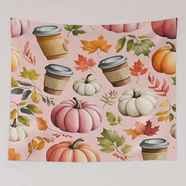 Item preview, A Whimsical Autumn Coffee Cup, Leaves, and Pumpkins Seamless Pattern on a Light Pink Background designed and sold by Matt_Smith.
