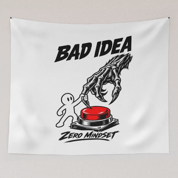 Item preview, Bad Idea T-Shirt 020, Dark Humor Graphic Tee, Zero Mindset Shirt, Monster Hand Red Button Design, Bold Streetwear Statement Tee designed and sold by RestartFromZero.
