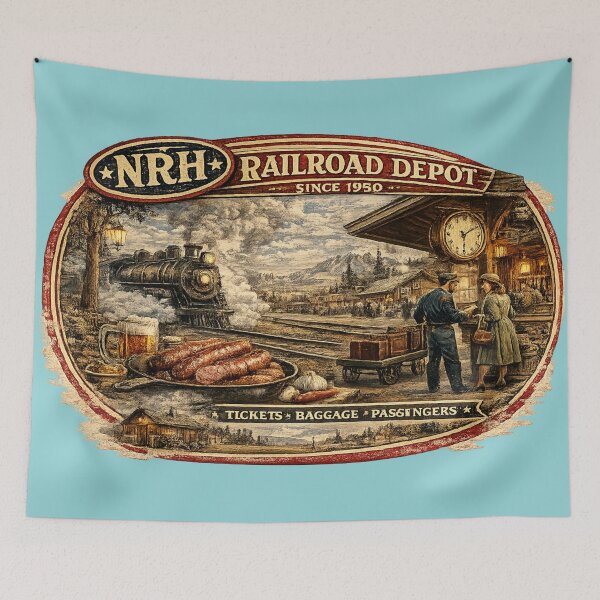 Item preview, NRH Railroad Depot Since 1950 Tickets Baggage Passengers Vintage Train Station Sign designed and sold by Normandy Road Heritage™ - Vintage Garage Art.