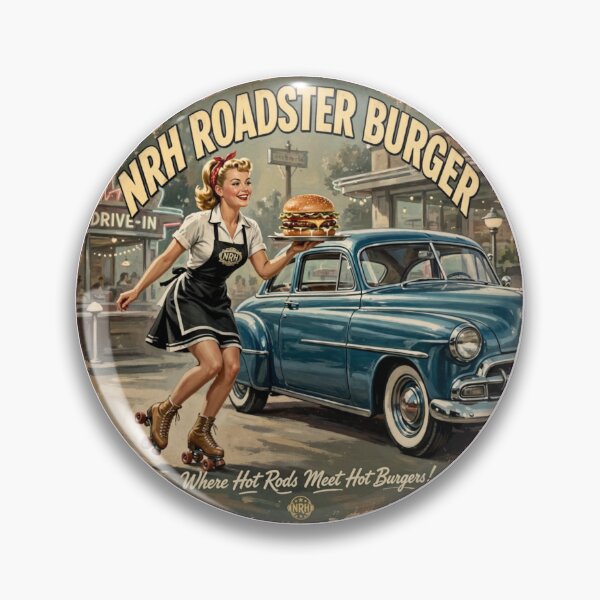 Item preview, NRH Roadster Burger Where Hot Rods Meet Hot Burgers Vintage Drive-In Diner Sign designed and sold by Normandy Road Heritage™ - Vintage Garage Art.