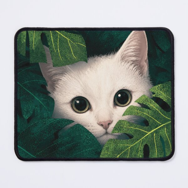 Item preview, Cute White Kitten Peeking Through Green Monstera Leaves Tropical Plant Art designed and sold by Daily-chaos.