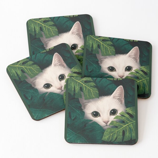 Item preview, Cute White Kitten Peeking Through Green Monstera Leaves Tropical Plant Art designed and sold by Daily-chaos.