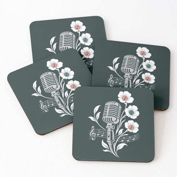 Item preview, Retro microphone, flowers, music, vintage line art designed and sold by Christine Krahl.