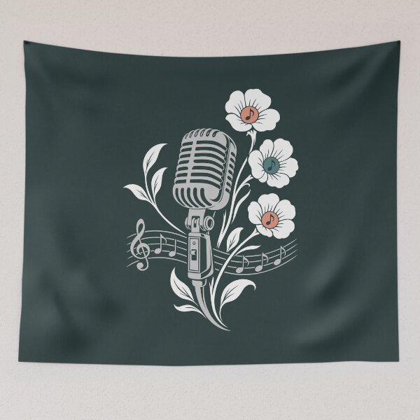 Item preview, Retro microphone, flowers, music, vintage line art designed and sold by Christine Krahl.