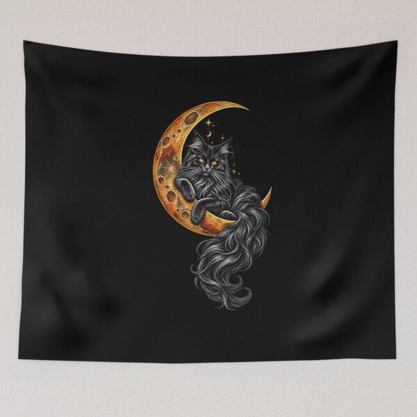 Item preview, Black Cat Familiar on Golden Crescent Moon – Witchcore Occult Art designed and sold by Anyshca.