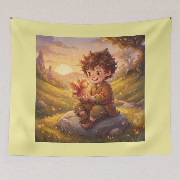 Item preview, Fantasy Boy Holding a Glowing Firebird Magical Scene designed and sold by Azurart2.