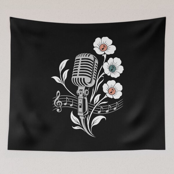 Item preview, Retro microphone, flowers, music, vintage line art designed and sold by Christine Krahl.