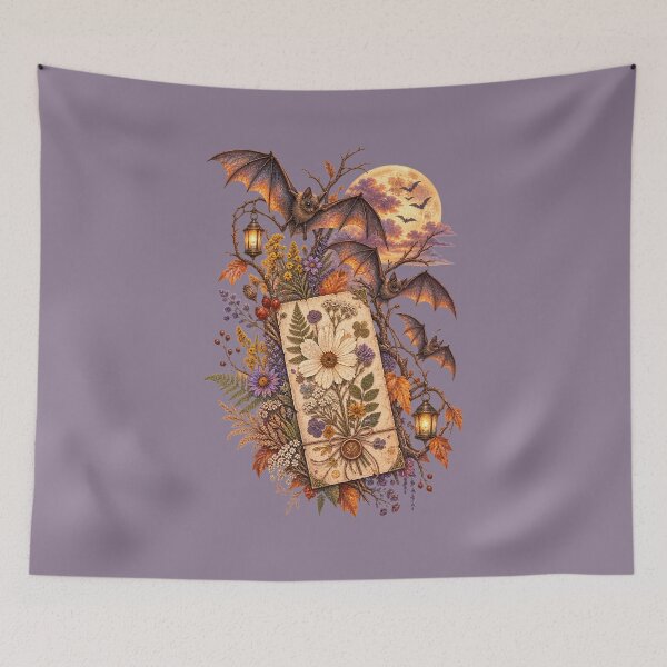 Item preview, Cottagecore Pressed Wildflower & Bats Watercolor Art – Halloween Botanical Print designed and sold by MagicMakerPh.