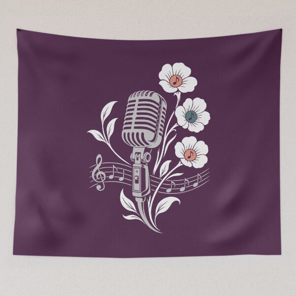 Item preview, Retro microphone, flowers, music, vintage line art designed and sold by Christine Krahl.