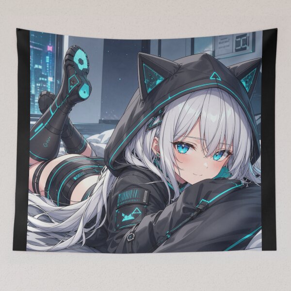Item preview, Cyber Neko Gamer Girl – Neon Blue Anime Cat Girl designed and sold by Revyra Design .