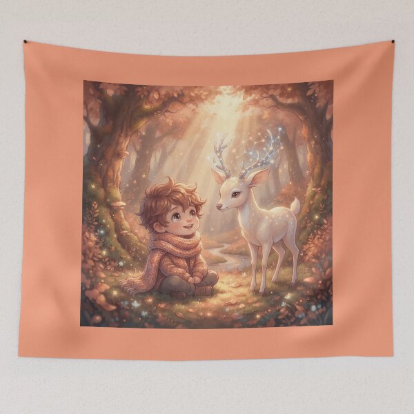 Item preview, Little Boy Meeting a Magical Celestial Deer in Autumn Forest designed and sold by Azurart2.
