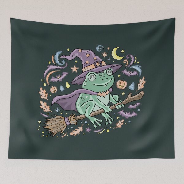 Item preview, Frog Witch Riding Broomstick Cute Kawaii Aesthetic Cottagecore Halloween designed and sold by LeshanArt.