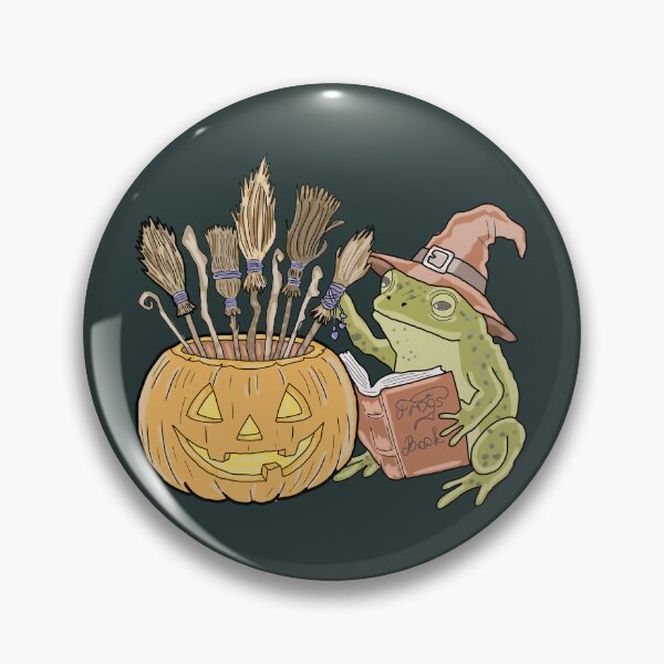 Item preview, Goblincore Halloween Frog Witch Reading Spellbook with Pumpkin Brooms designed and sold by LeshanArt.