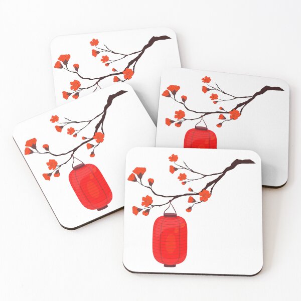 Item preview, Red Chinese Lantern Hanging from Plum Blossom Tree – Traditional Chinese Botanical Art designed and sold by EmeraldeaArt.