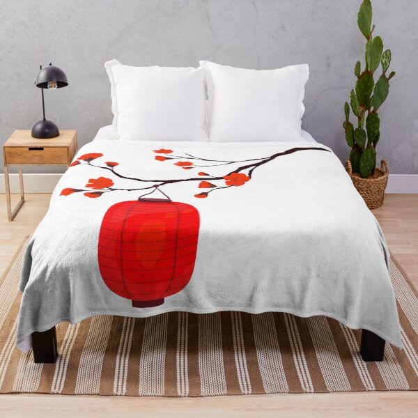 Item preview, Red Chinese Lantern Hanging from Plum Blossom Tree – Traditional Chinese Botanical Art designed and sold by EmeraldeaArt.