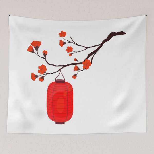 Item preview, Red Chinese Lantern Hanging from Plum Blossom Tree – Traditional Chinese Botanical Art designed and sold by EmeraldeaArt.