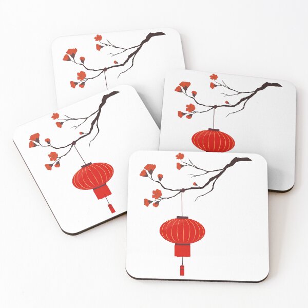 Item preview, Red Lantern Hanging from a Blossoming Plum Branch designed and sold by EmeraldeaArt.