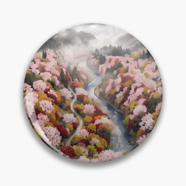 Item preview, Sumi-e Autumn Cherry Blossom and Maple Aerial Landscape designed and sold by conohitoAI-ArtGallery.
