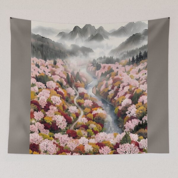 Item preview, Sumi-e Autumn Cherry Blossom and Maple Aerial Landscape designed and sold by conohitoAI-ArtGallery.