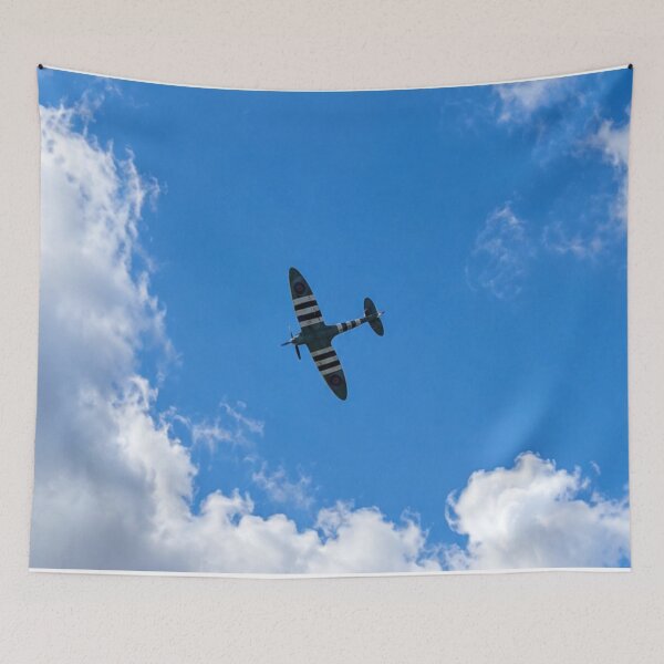 Item preview, Vintage World War II Spitfire with D-Day Invasion Stripes in Flight designed and sold by Astute-Artio-Photography.
