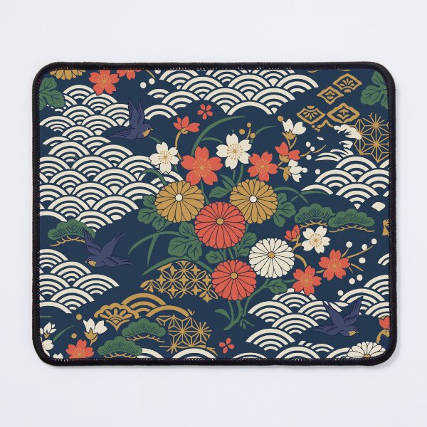 Item preview, Traditional Japanese Navy Floral and Seigaiha Wave Pattern designed and sold by artistastshirt.