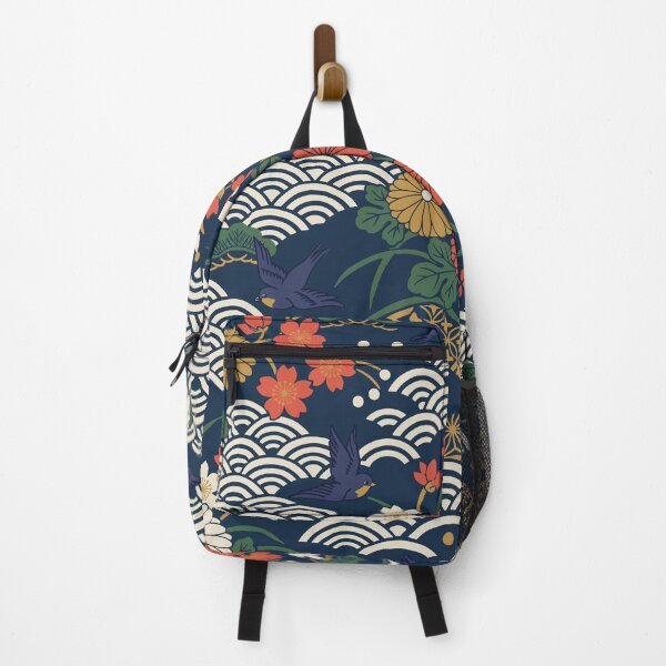 Item preview, Traditional Japanese Navy Floral and Seigaiha Wave Pattern designed and sold by artistastshirt.