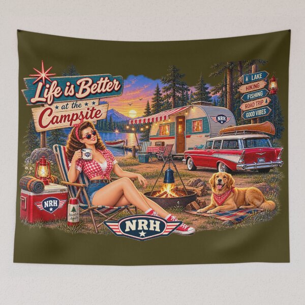Item preview, NRH Life is Better at the Campsite Vintage Pinup Camping Retro Camper Sign designed and sold by Normandy Road Heritage.