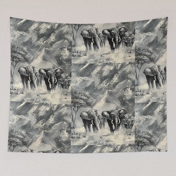 Item preview, ⁠Black and White Elephant Herd Acrylic Painting Art⁠ designed and sold by Julia9632.