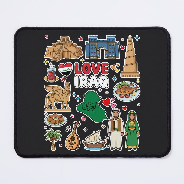 Item preview, Love Iraq Aesthetic Dark Culture Doodles & Iconic Ancient Landmarks معالم وحضارة بلاد الرافدين والعراق - رسم كرتوني على خلفية داكنة designed and sold by mashmosh.
