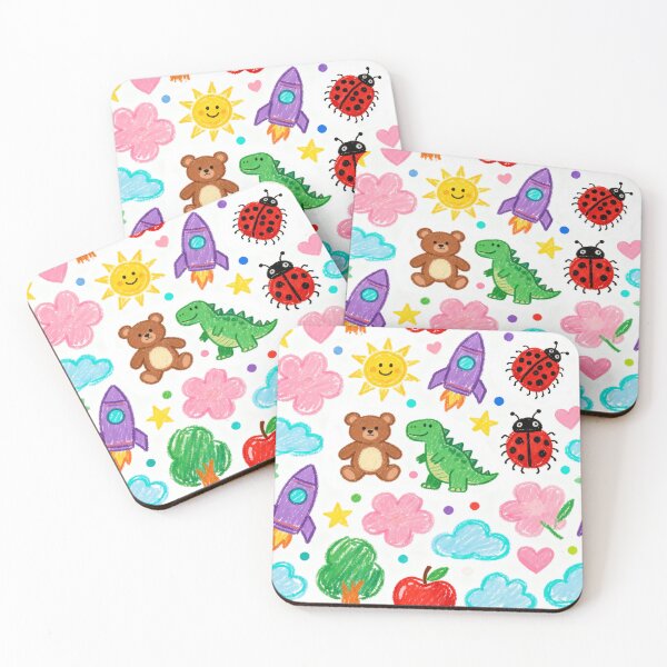 Item preview, Kids Crayon Drawing Pattern with Cute Teddy Bear, Dinosaur and Rocket designed and sold by Mike Kiev art.