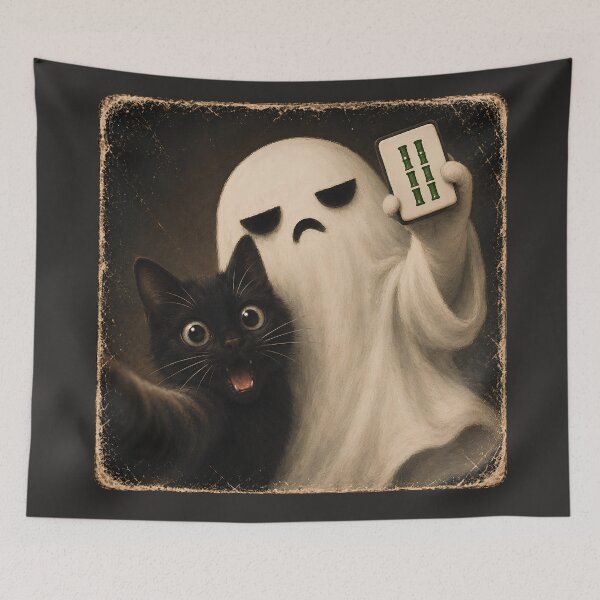 Item preview, Bam Boo Cat Selfie Ghost Mahjong Tile Player Spooky Season designed and sold by SunfullyYours.