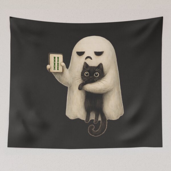 Item preview, Bam Boo Tile Player Halloween Ghost Mahjong Cat Fall Season designed and sold by SunfullyYours.