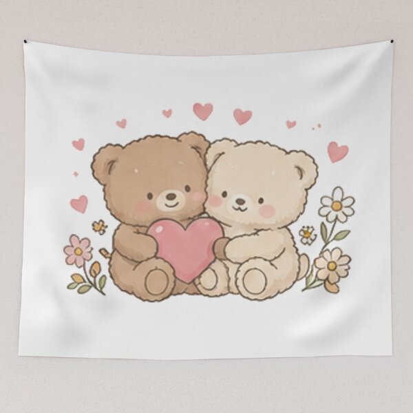 Item preview, Cute Teddy Bear Couple Holding Heart Daisy Flower Love designed and sold by Rehnair.