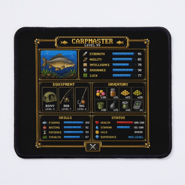 Item preview, Carpmaster Level 99 Retro Gaming RPG Fishing Parody designed and sold by GeekAnglerStore.